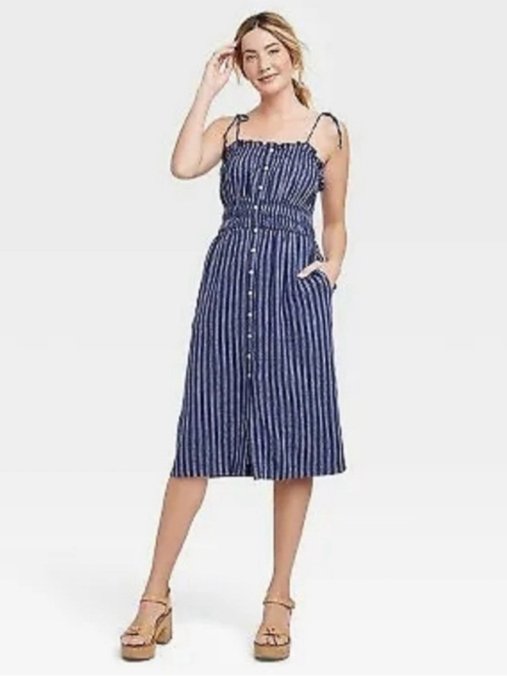 NWT Universal Thread Blue Striped Tie-Shoulder Button Midi Dress